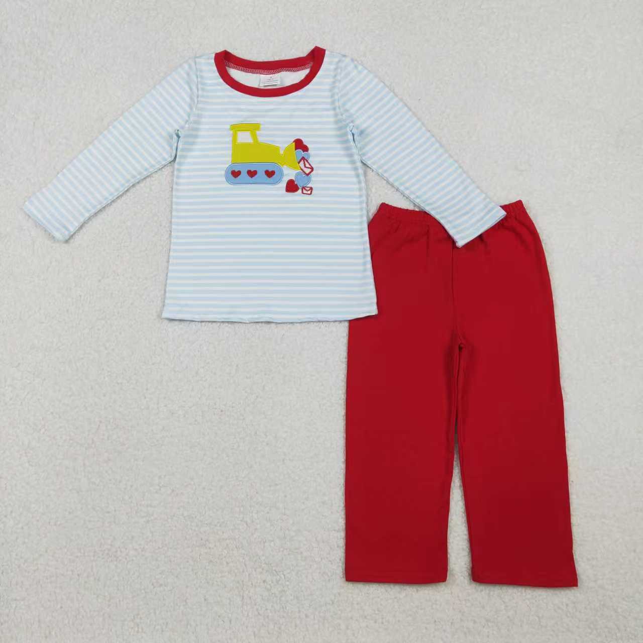 Sibling Baby Boys Embroidery Hearts Excavators Stripe Pants Valentines Clothes Set Footie Rompers