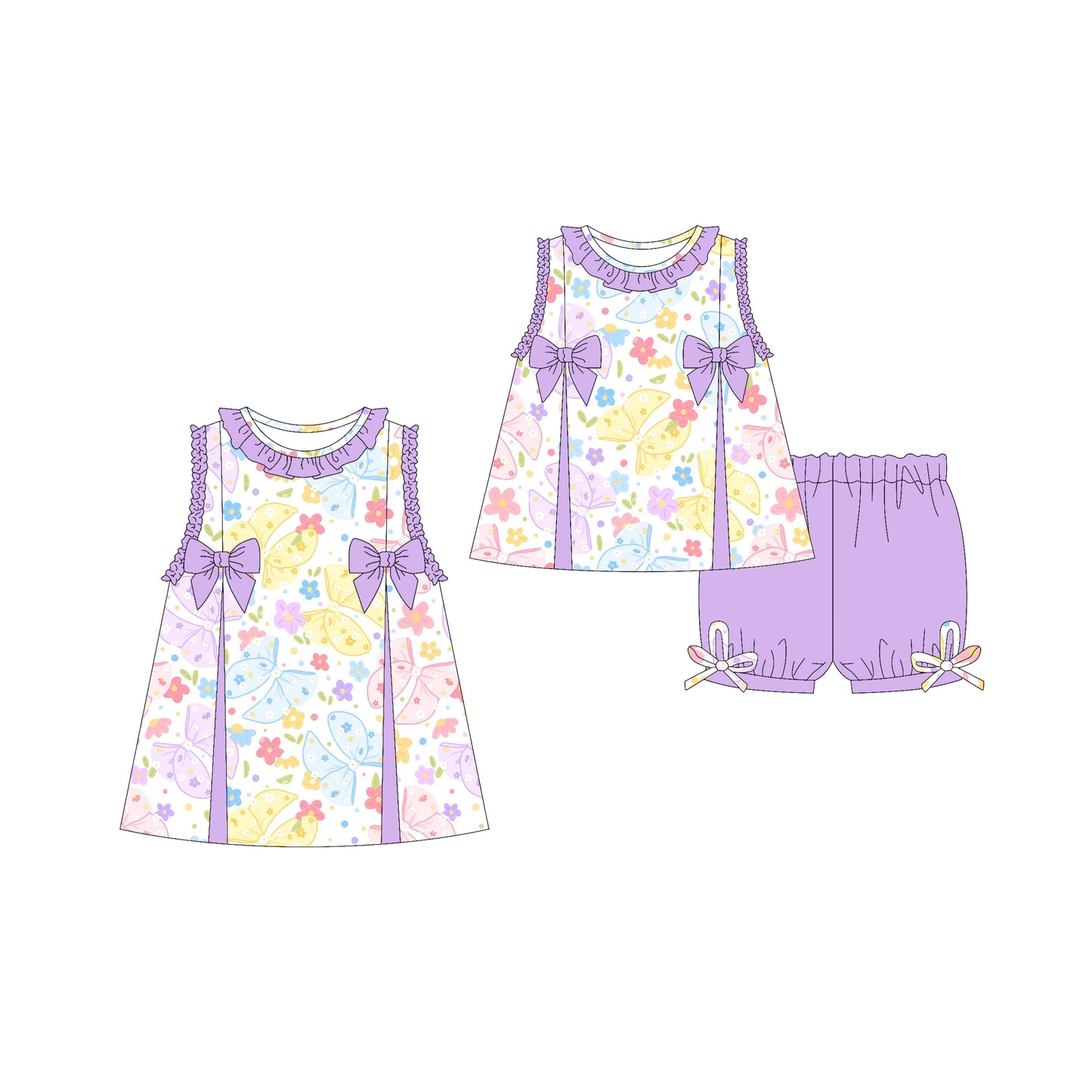 Preorder moq 5 Custom Baby Girls Sleeveless Lavender Butterfly Flowers Tunic Ruffle Short Set Knee Length Dresses