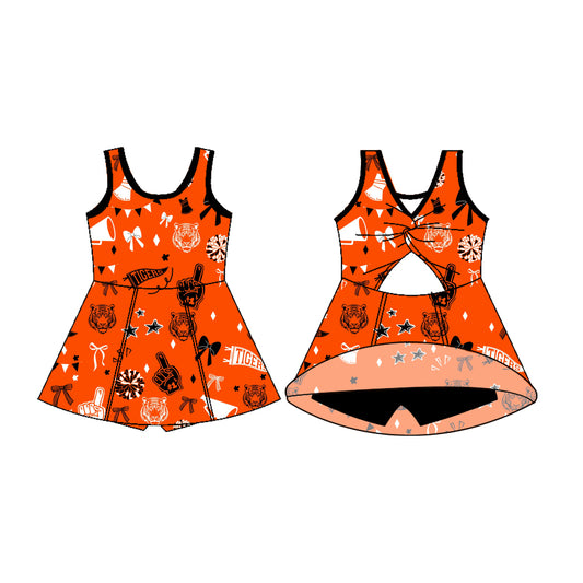 Preorder (moq 5)Baby Girls Sleeveless Orange Tiger Bows Shorts Team Dresses