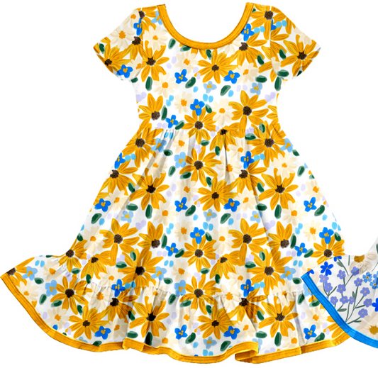 Preorder moq 5 (each item)Baby Girls Colorful Flowers Short Sleeve Ruffle Knee Length Dresses