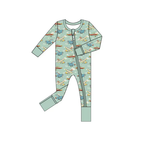 Baby Infant Boys Green Plane Zip Rompers preorder(moq 5)