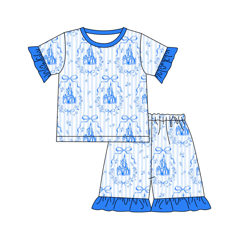 Preorder moq 5 Baby Girls Blue Strip Bows Castles Top Ruffle Shorts Clothes Sets