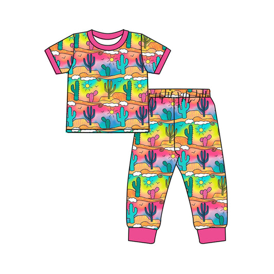 Baby Kids Western Colorful Cactus Top Pants Pajamas Girls Clothing Sets preorder(MOQ 5)