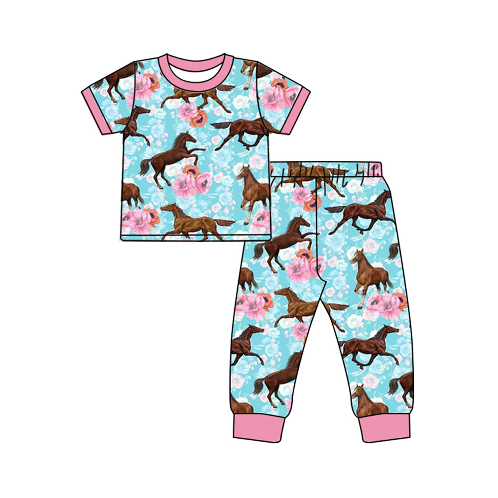 Baby Kids Western Horse Flowers Top Pants Pajamas Girls Clothing Sets preorder(MOQ 5)