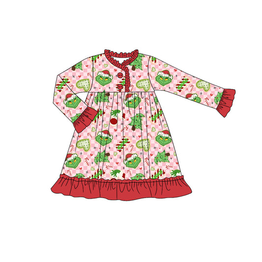 Baby Girls Christmas Green Face Long Sleeve Gowns Dresses Preorder(moq 5)