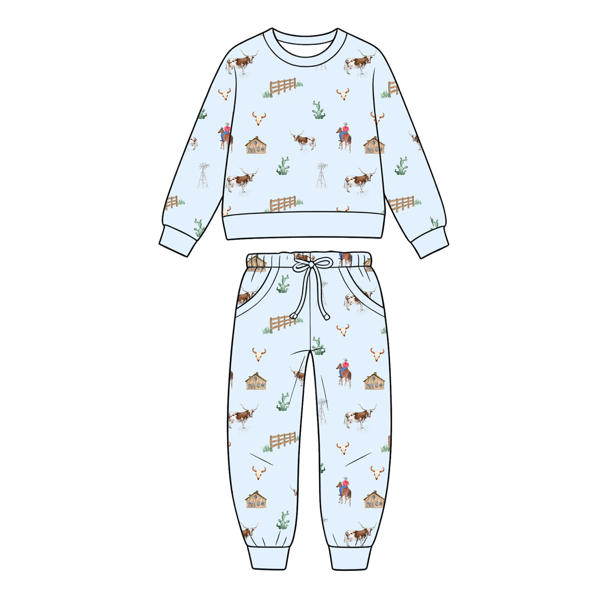 Preorder (moq 5) Baby Boy Clothes Western Cowboy Longhorn Cactus Print Long Sleeve Top Jogger Pants Set