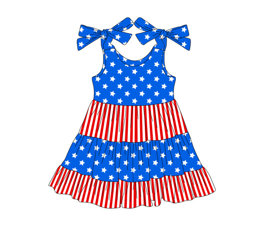 Preorder (moq 5)Baby Girls Bow Strap Blue Stars Red Stripe 4th Of July Patchwork Knee Length Dress