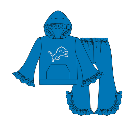 Preorder(moq 5)Baby Girls Blue Tigers Pocket Hoodie Bell Bottom Pants Team Clothes Sets