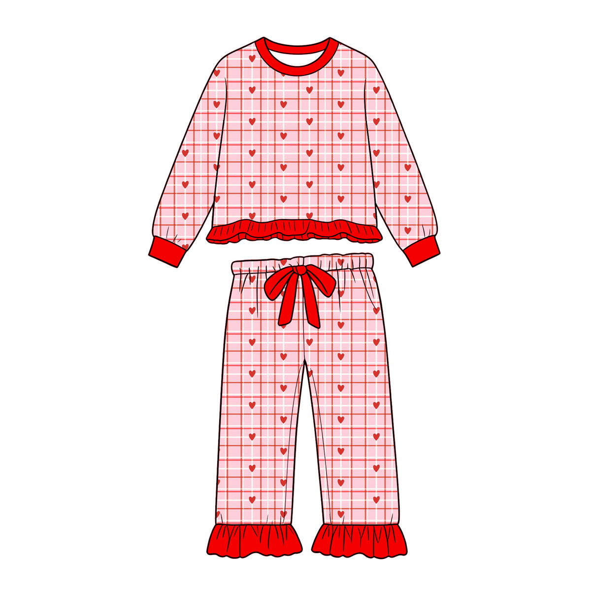 Preorder (moq 5) Baby Girl Clothes Valentine Red Heart Plaid Print Ruffle Long Sleeve Top Ruffle Pants Set