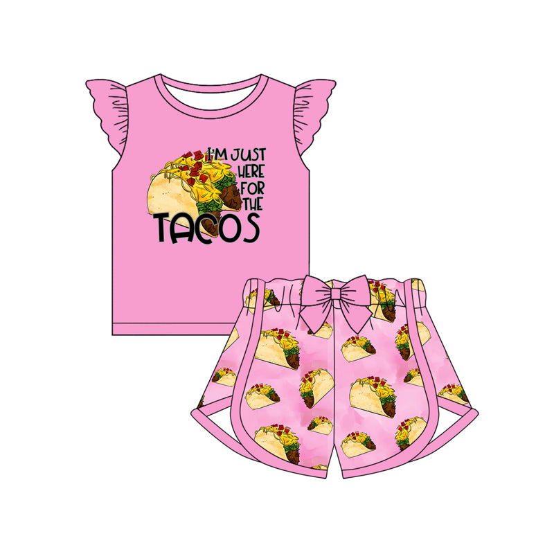 Preorder (moq 5)Baby Girls Taco Pink Shirt Top Bow Shorts Clothes Sets