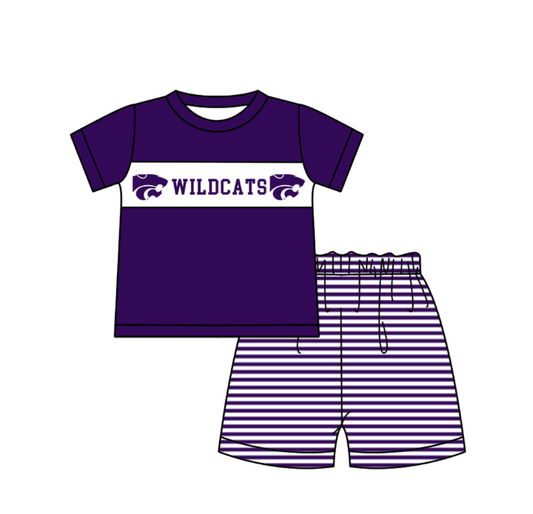 Preorder (moq 5)Baby Boys Purple Short Sleeve Wildcats Top Stripe Shorts Team Clothes Sets