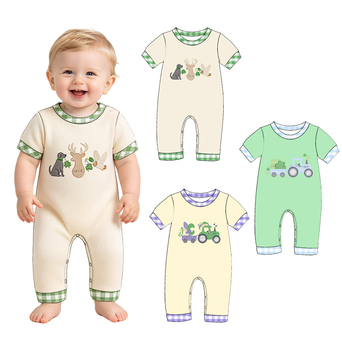 Preorder (moq 5) Baby Boy Clothes Mardi Gras Tractor Embroidery Print Short Sleeve Gingham Trim Romper