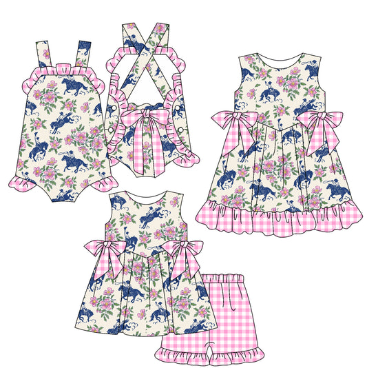Preorder moq 5 Custom Baby Girls Strap Pink Floral Horse Rodeo Tunic Plaid Ruffle Short Set Knee Length Dress And Rompers