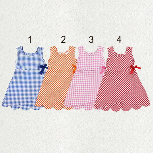 Sibling Baby Girls Blue Orange Checked Yoga Active Shorts Scallop Knee Length Dresses