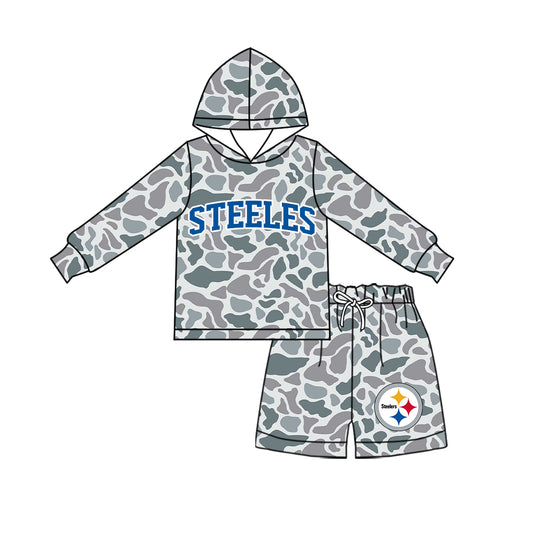 Preorder (moq 5)Baby Boys Grey Camo Steeles Long Sleeve Hoodie Short Team Clothes Set