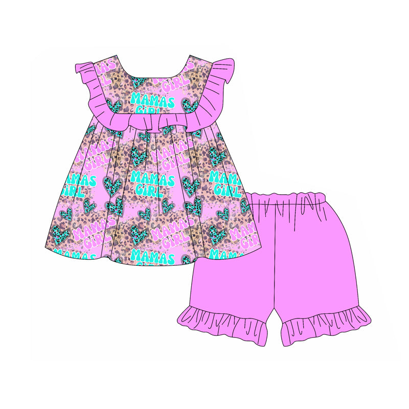 Preorder (moq 5)Baby Girls Hot Pink Sleeveless MAMA'S GIRL Leopard Hearts Tunic Ruffle Short Set