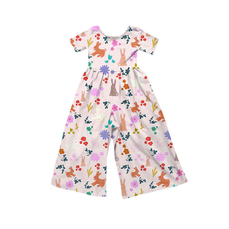 Preorder(moq 8)Baby Girls Pink Flowers Rabbits Short Sleeve Easter Jumpsuits