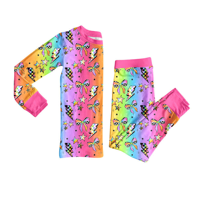 Preorder (moq 5)Baby Girls Colorful Bows Lights Plaid Top Pant Pajamas Set