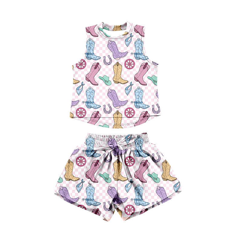 Preorder (moq 5)Baby Girls Boots Hats Checked Top Shorts Western Clothes Set