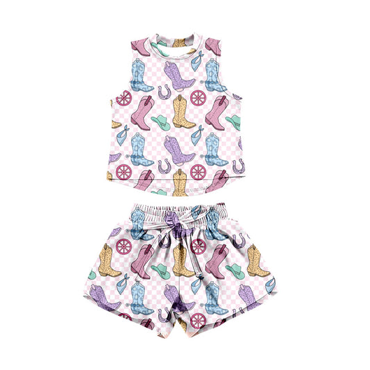 Preorder (moq 5)Baby Girls Boots Hats Checked Top Shorts Western Clothes Set