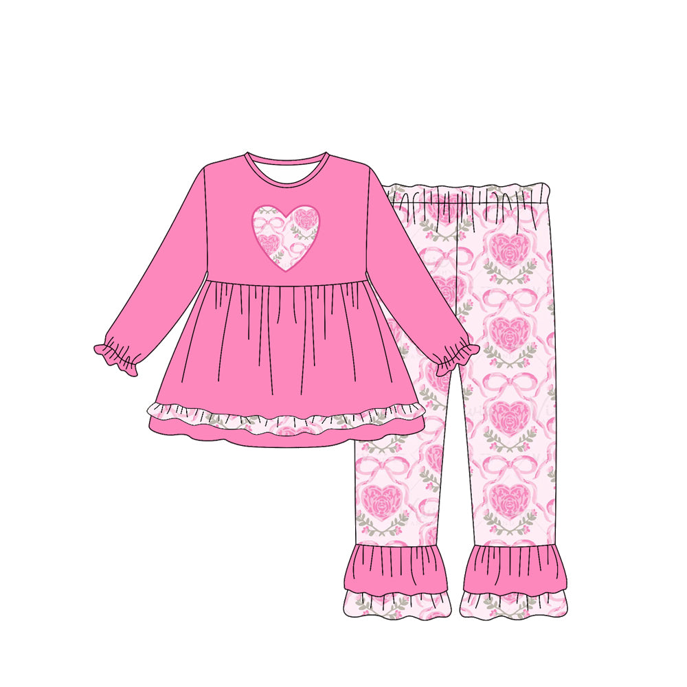 Preorder (moq 5)Baby Girls Pink Long Ruffle Sleeves Flowers Bows Hearts Tunic Pants Set