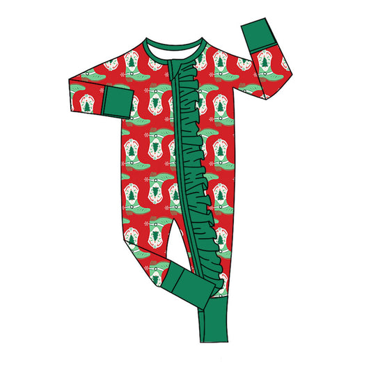 Preorder (moq 5)Baby Girls Candy Cane Socks Christmas Two Way Ruffle Zip Convertible Rompers