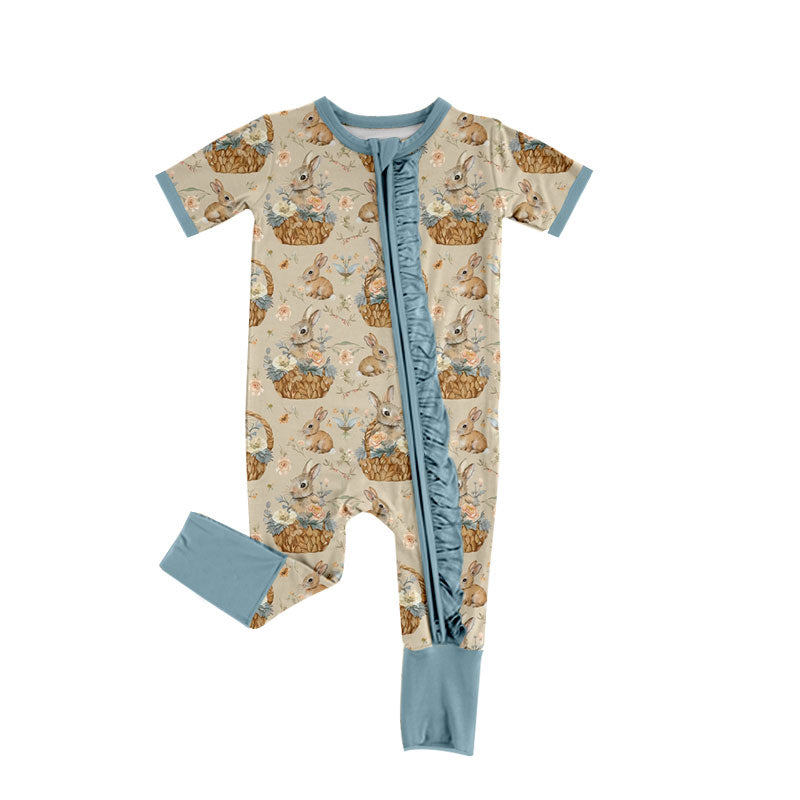 Preorder (moq 5) Baby Girl Clothes Easter Bunny Flower Basket Vintage Mixed Print Short Sleeve Zipper Ruffle Romper