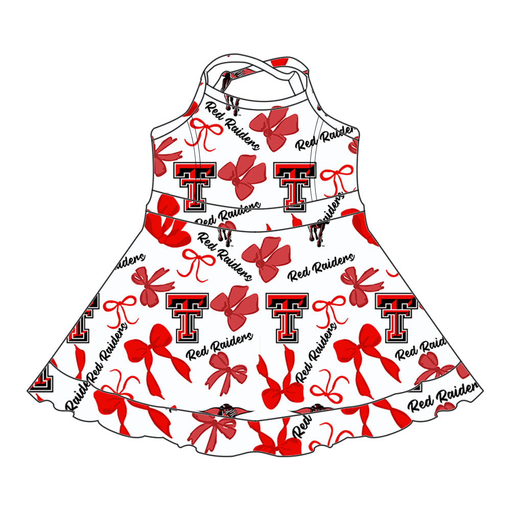 Preorder (moq 5)Baby Girls Red Strap TT Bows Plaid Short Ruffle Team Knee Length Dresses