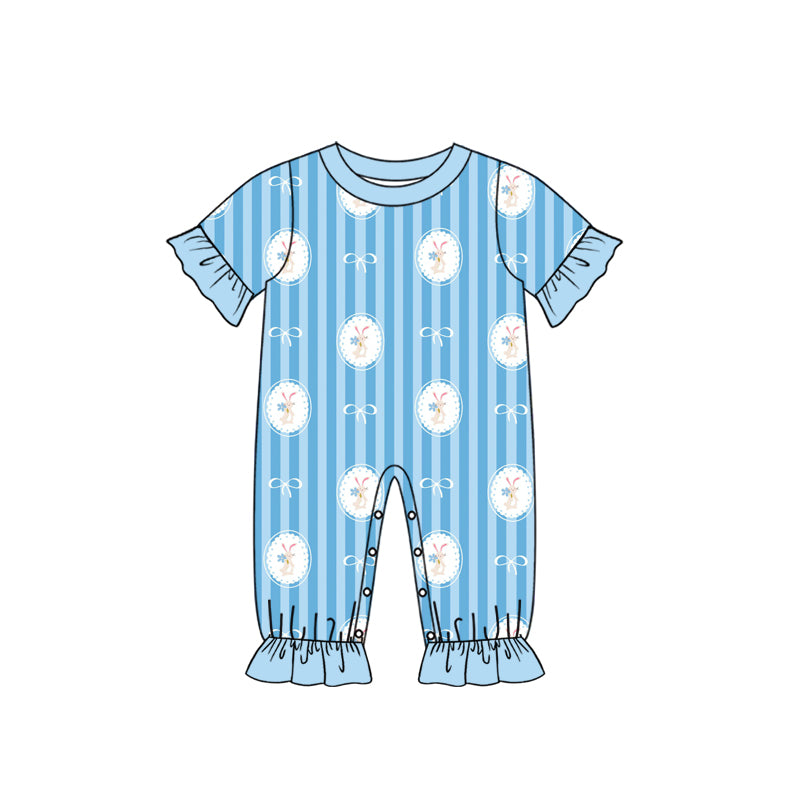 Preorder (moq 5) Baby Girl Clothes Easter Bunny Circle Bow Blue Stripe Print Short Sleeve Ruffle Baby Romper Jumpsuit