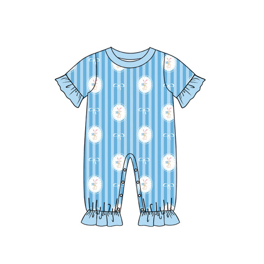 Preorder (moq 5) Baby Girl Clothes Easter Bunny Circle Bow Blue Stripe Print Short Sleeve Ruffle Baby Romper Jumpsuit