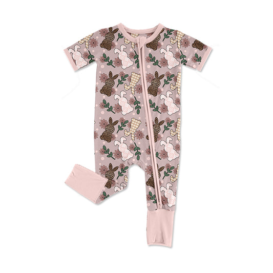 Preorder (moq 5)Baby Girls Leopard Rabbits Easter Two Way Zip Convertible Rompers