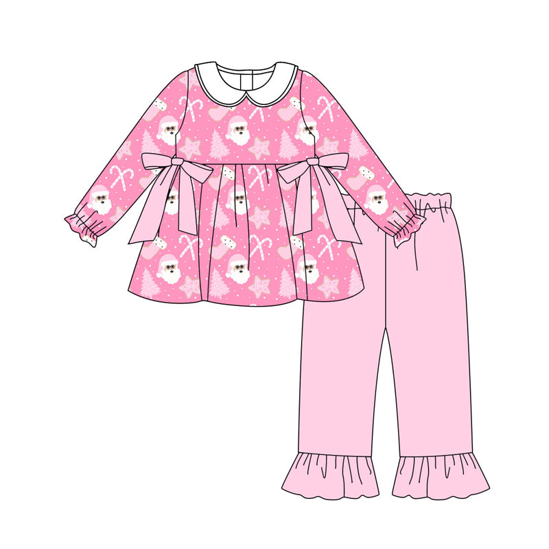 Preorder (moq 5)Baby Girls Pink Santa Candy Cane Tunic Ruffle Pants Christmas Clothes Set
