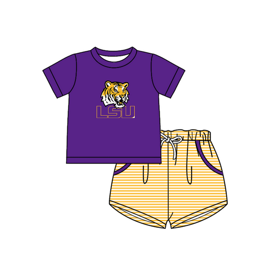 Preorder (moq 5)Baby Boys LSU Tigers Top Pockets Stripe Short Team Clothes Set