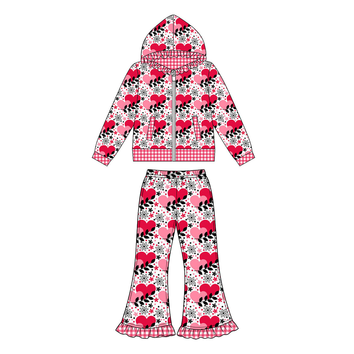 Preorder (moq 5) Baby Girl Clothes Red Heart Floral Gingham Mixed Print Long Sleeve Ruffle Hood Zip Jacket Ruffle Flare Pant Set