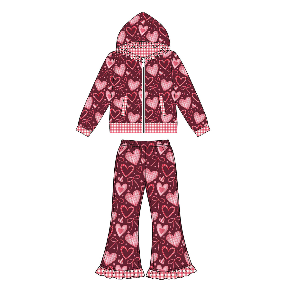 Preorder (moq 5) Baby Girl Clothes Burgundy Plaid Heart Bow Print Long Sleeve Ruffle Hood Zip Jacket Ruffle Flare Pant Set