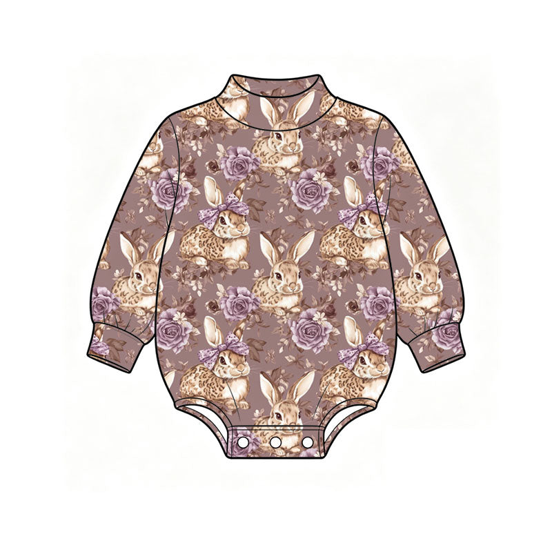 Preorder (moq 5) Baby Girl Clothes Purple Rose Floral Leopard Bunny Print Long Sleeve Mock Neck Baby Bodysuit