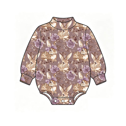 Preorder (moq 5) Baby Girl Clothes Purple Rose Floral Leopard Bunny Print Long Sleeve Mock Neck Baby Bodysuit