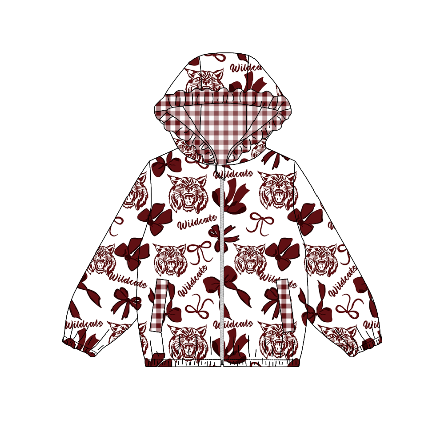Preorder moq 5 Baby Girls Wildcats Bows Pockets Zipper Team Hoodies Top