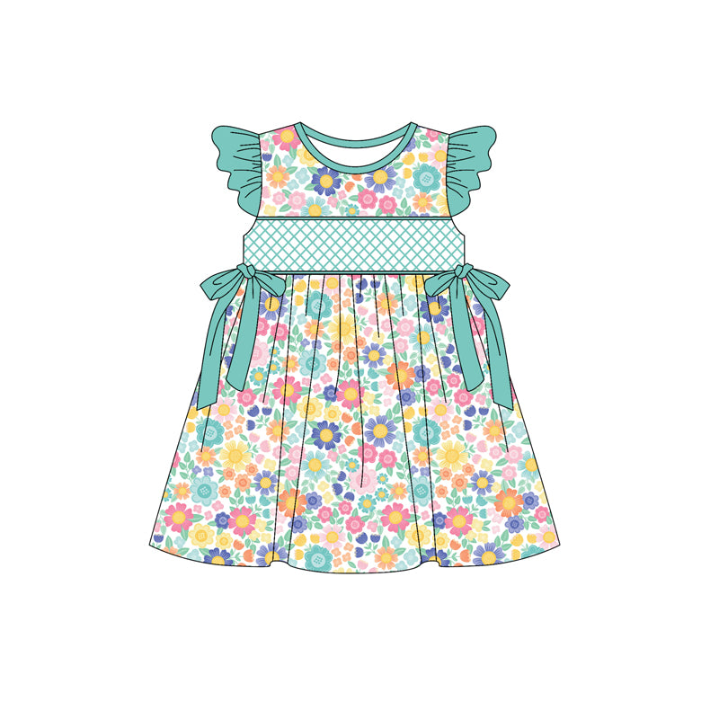 Preorder (moq 5)Baby Girls Green Flutter Sleeves Bows Colorful Floral Knee Length Dresses