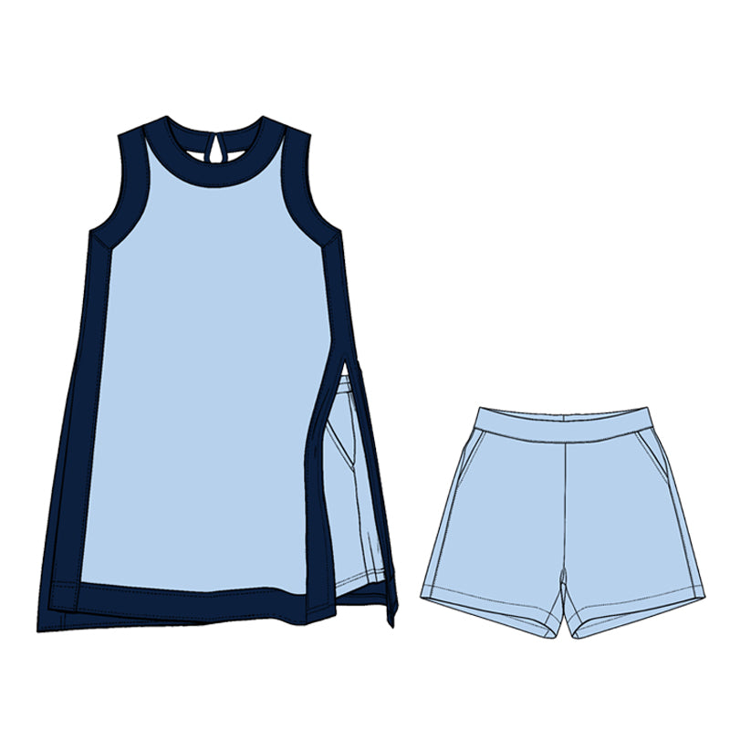 Preorder (moq 5)Adult Women Navy Blue Split Skirt Pockets Short Clothes Sets