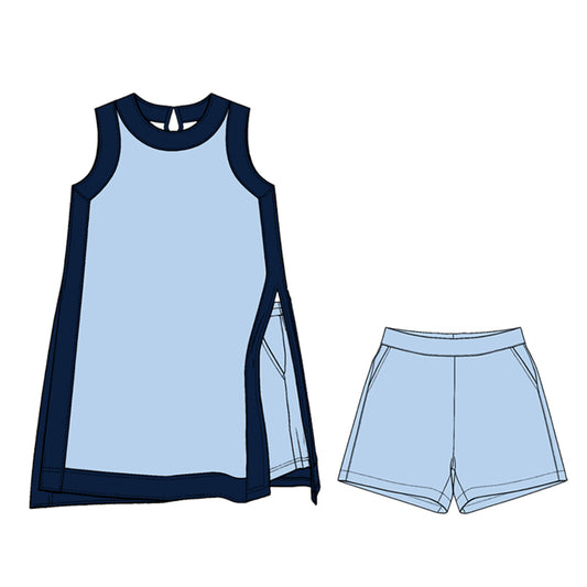 Preorder (moq 5)Adult Women Navy Blue Split Skirt Pockets Short Clothes Sets