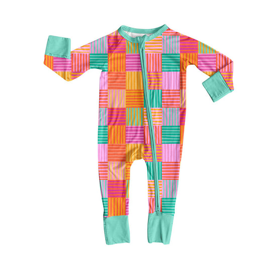 Preorder (moq 8)Baby Girls Colorful Stripe Checked Zipper Footie Rompers