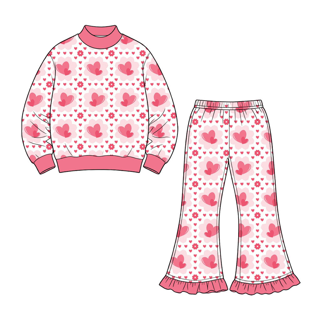 Preorder (moq 5) Baby Girl Clothes Pink Heart Floral Print Long Sleeve Mock Neck Sweatshirt Ruffle Flare Pant Set