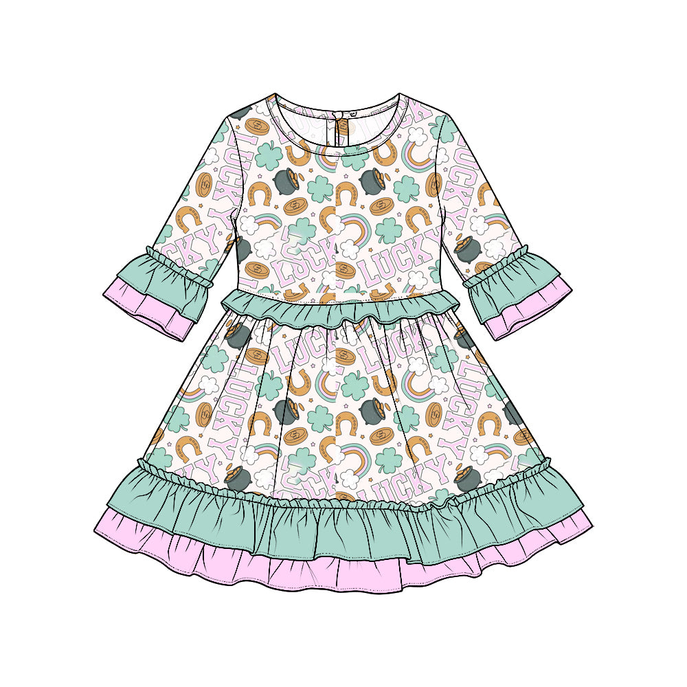 Preorder moq5  Girls’ St. Patrick’s Day Ruffle Long-Sleeve Dress, Rainbow & Pot of Gold Print Kids’ Holiday Dress