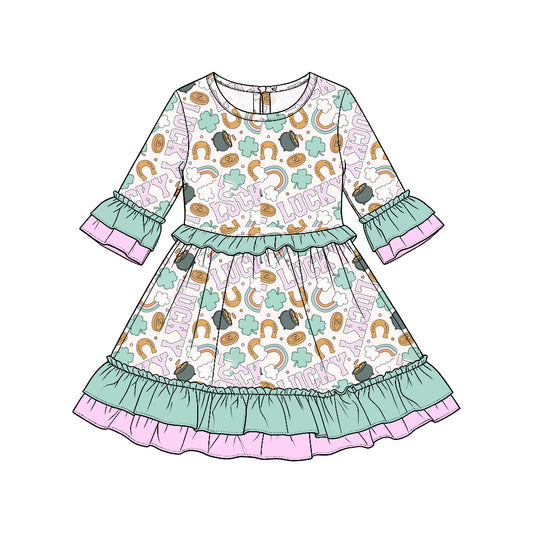 Preorder moq5  Girls’ St. Patrick’s Day Ruffle Long-Sleeve Dress, Rainbow & Pot of Gold Print Kids’ Holiday Dress