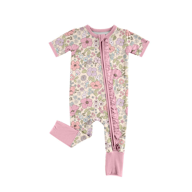 Preorder (moq 5)Baby Girls Flowers Rabbits Easter Ruffle Zipper Footie Rompers