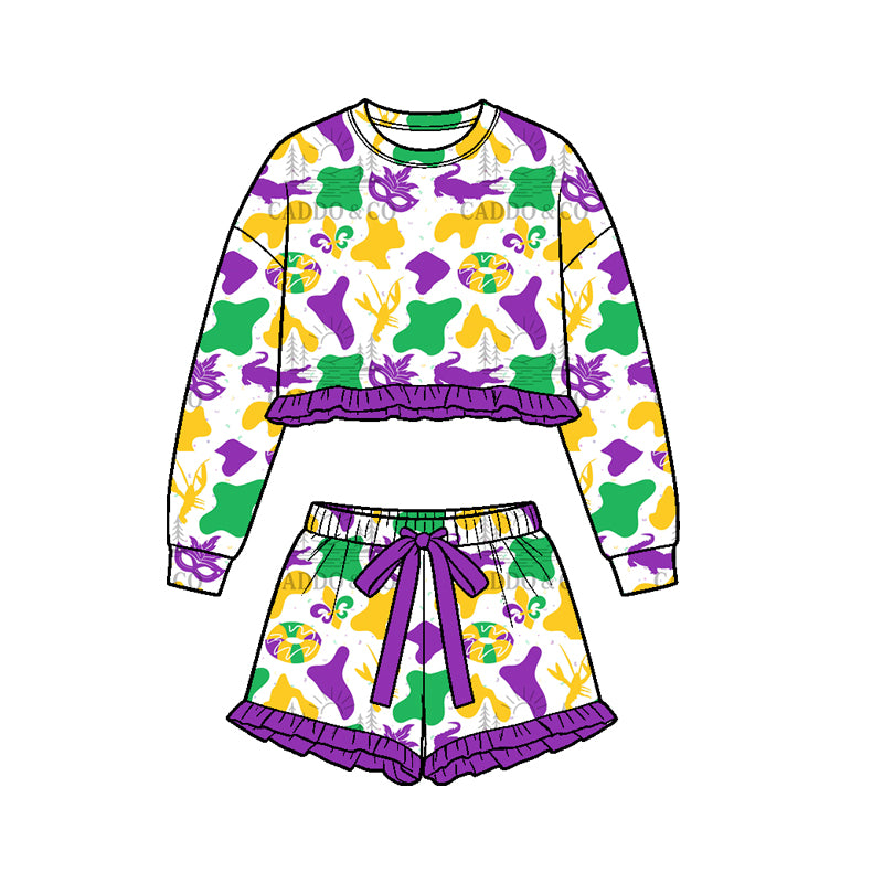 Preorder (moq 5) Girls’ Carnival Purple Mask & Swim Ring Print Ruffle 2-Piece Set, Long-Sleeve Sweatshirt & Skirt