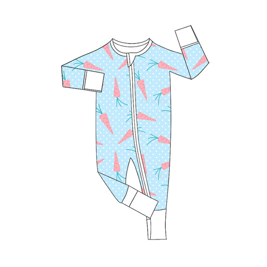 Preorder (moq 5) Baby Girl Clothes Easter Carrot Polka Dot Allover Print Long Sleeve Zip Romper Jumpsuit