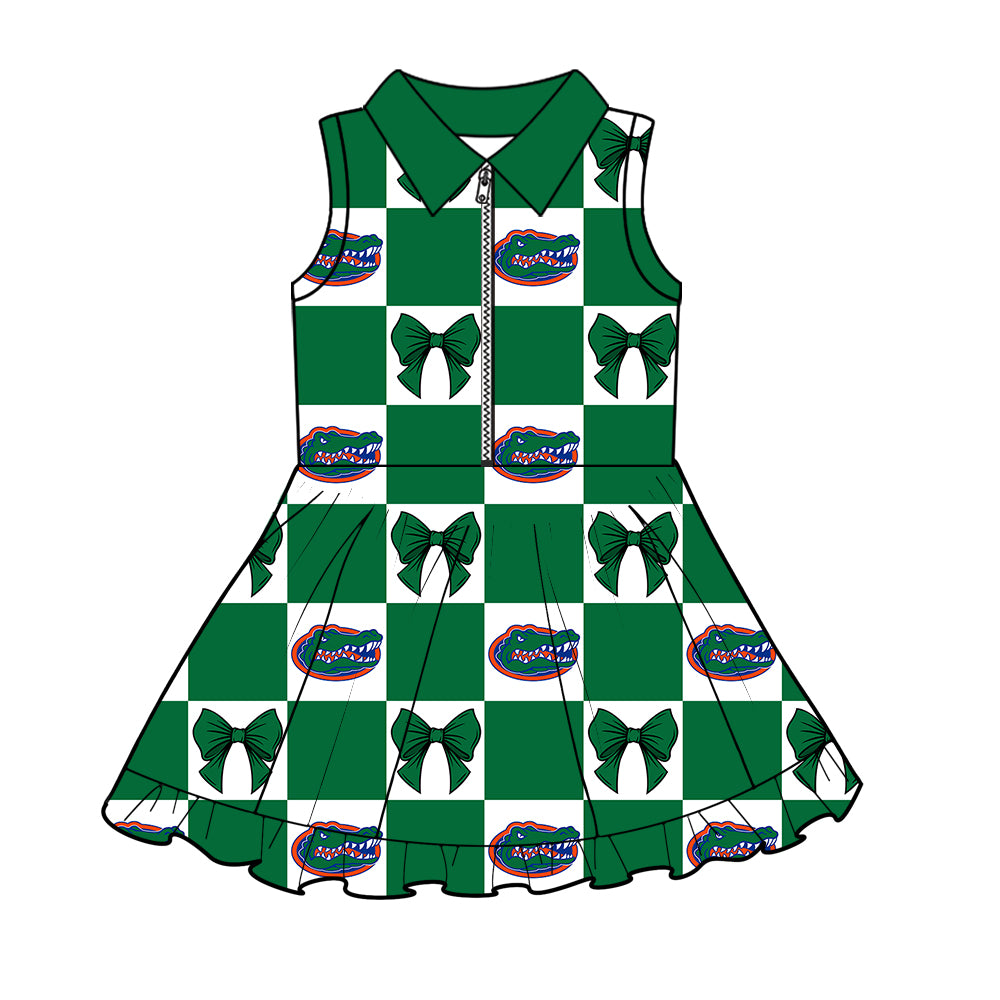 Preorder (moq 5)Baby Girls Crocodiles Bows Checked Zip Shorts Team Knee Length Dress