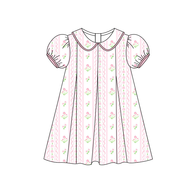 Preorder (moq 5)Baby Girls Short Ruffle Sleeves Pink Flowers Stripe Knee Length Dress